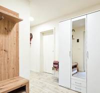 Eingangsbereich in einem Einfamilienhaus mit Schrank, Garderobe und Boden mit Holzdekor.