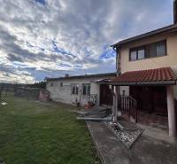 Ein Einfamilienhaus in Zbehy mit Rasen, Garten und einem Steinweg unter einem bewölkten Himmel.