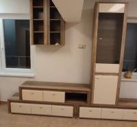 Wohnzimmer in einer Einzimmerwohnung mit Möbeln, Fenster und Boden in Holzoptik.