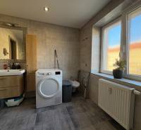 Badezimmer in einer 2-Zimmer-Wohnung mit Trockner, Waschbecken und großem Fenster mit Pflanze.