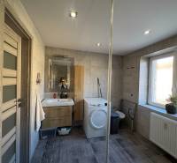 Badezimmer in einer 2-Zimmer-Wohnung mit Waschbecken, Waschmaschine und Fliesen in Holzoptik.