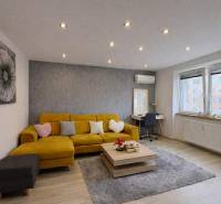 Wohnzimmer in einer Zweizimmerwohnung mit Sofa, Holzboden, grauer Teppich.