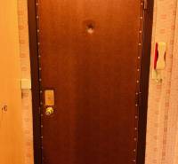 Eingangstür zur 2-Zimmer-Wohnung mit Holzdekor auf dem Boden.