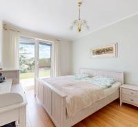 Schlafzimmer in einem Einfamilienhaus mit Holzboden und Blick in den Garten.