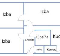 Grundriss einer 3-Zimmer-Wohnung mit Flur, Badezimmer, Toilette, Küche, Abstellraum, Speisekammer und Balkon.