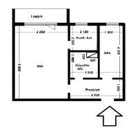 Grundriss einer 2-Zimmer-Wohnung mit Loggia, Küchenzeile, Badezimmer und Flur.