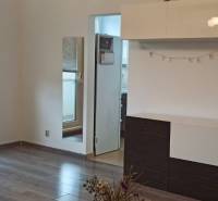 Wohnzimmer in einer Zweizimmerwohnung mit Holzboden, weißen Möbeln und einem Spiegel.