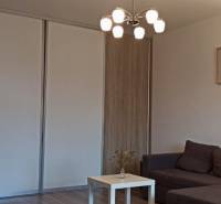 Wohnzimmer mit Sofa, Tisch und Holzboden in einer 2-Zimmer-Wohnung.