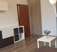 Wohnzimmer in einer Zweizimmerwohnung mit Holzboden und modernen Möbeln.