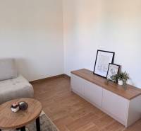 Wohnzimmer in einer 2-Zimmer-Wohnung mit Holzboden und minimalistischem Möbel.