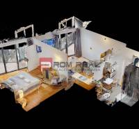 3D-Modell einer 2-Zimmer-Wohnung mit Balkon, Holzboden und moderner Ausstattung.