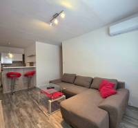 Wohnzimmer einer Zweizimmerwohnung mit dunklen Möbeln und einem Boden in Holzoptik.