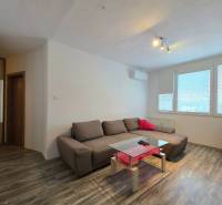 Wohnzimmer mit braunem Sofa, Glastisch, Holzboden in einer 2-Zimmer-Wohnung.