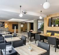 Büros mit Holzboden, Tischen, schwarzen Stühlen und Pflanzen in Bratislava.