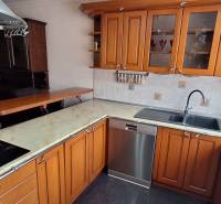 Küche in einem Einfamilienhaus mit Holzschränken und einer Spülmaschine aus Edelstahl.