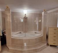 Ein Badezimmer in einem Einfamilienhaus mit einer Eckbadewanne und dekorierten Möbeln.