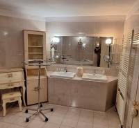 Ein Badezimmer in einem Einfamilienhaus mit zwei Waschbecken, einem Spiegel und verzierten Möbeln.