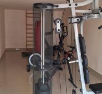 Fitnessraum mit Kraftgeräten im Einfamilienhaus hat eine helle Keramikoberfläche.