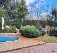 Ein Einfamilienhaus in Komárno mit einem kleinen Pool und einem gepflegten Garten, umgeben von Bäumen.
