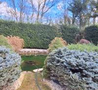 Ein Einfamilienhaus in Komárno mit einem Teich und Ziersträuchern im Garten.