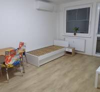 3-Zimmer-Wohnung mit Holzboden, Tisch, Stühlen und Bett.