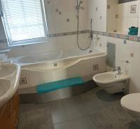 Ein Badezimmer im Einfamilienhaus mit Badewanne, Bidet und Fliesen.