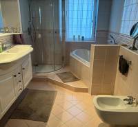 Badezimmer in einem Einfamilienhaus mit Badewanne, Dusche, Waschbecken und Bidet.