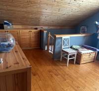 Das Dachgeschoss eines Einfamilienhauses mit einer Holzdecke, Wänden und einem Boden in Holzoptik.