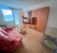 Wohnzimmer in einer 3-Zimmer-Wohnung mit Sofa, Tisch und Schrank, hellem Boden.