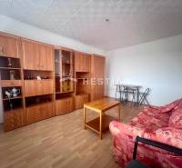 Wohnzimmer in einer 3-Zimmer-Wohnung mit rotem Sofa und Wohnwand aus Holz.