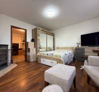 Innenraum eines Zimmers mit Holzboden und Kamin in einer Zweizimmerwohnung.