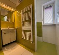 Badezimmer in einer 2-Zimmer-Wohnung mit Waschbecken, Spiegel und grün-weißen Fliesen.