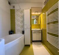 Ein Badezimmer in einer 2-Zimmer-Wohnung mit grünen Fliesen, einer Badewanne und einem modernen Heizkörper.