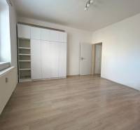 Helles Zimmer mit weißem Schrank und Holzboden in einer Einzimmerwohnung.