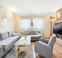 Wohnzimmer in einem Einfamilienhaus mit einem bequemen grauen Sofa und einem Boden in Holzoptik.