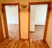 Ein Flur mit Eingängen zu zwei Zimmern, ein Boden mit Holzdekor in einer Zweizimmerwohnung.