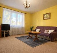 Wohnzimmer in einer Zweizimmerwohnung, mit gelben Wänden, Teppichboden und Möbeln.