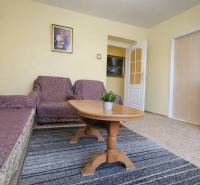 Wohnzimmer mit Sofa, Sessel, Teppich und Tisch in einer 2-Zimmer-Wohnung, Boden mit Holzdekor.