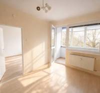 Helles Zimmer mit Holzboden, verbunden mit einem Balkon in einer 2-Zimmer-Wohnung.