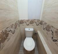 Badezimmer mit Blumenfliesen in einer 2-Zimmer-Wohnung.