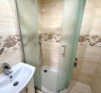 Badezimmer in einer 2-Zimmer-Wohnung mit gefliesten Wänden und einer Duschkabine.