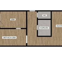 Grundriss einer 2-Zimmer-Wohnung mit Loggia, Küche, Wohnzimmer und Holzboden.