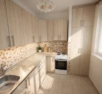 Küche in einer 2-Zimmer-Wohnung mit Holzdekor und Fenster, heller Raum.