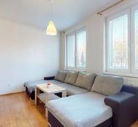 Wohnzimmer einer 3-Zimmer-Wohnung mit einem Sofa und einem Boden in Holzoptik.