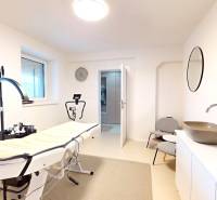 Innenraum eines Einfamilienhauses mit Massagetisch, Waschbecken, Spiegel und Stühlen.