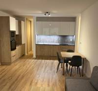 Küche in einer 2-Zimmer-Wohnung mit Holzboden und Esstisch.