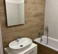 Badezimmer in einer 2-Zimmer-Wohnung mit Holzboden und Badewanne.