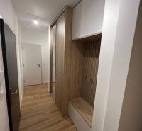 Ein enger Eingangsbereich in einer 2-Zimmer-Wohnung mit Holzboden und Stauraum.