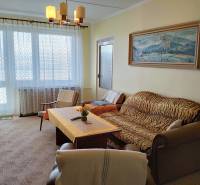 Wohnzimmer mit Sofa, Sessel und Tisch in einer 2-Zimmer-Wohnung mit großem Fenster.