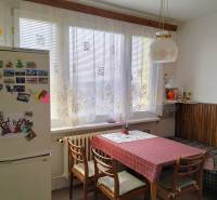 Küche in einer 2-Zimmer-Wohnung mit Esstisch, Stühlen und einem Kühlschrank mit Magneten.